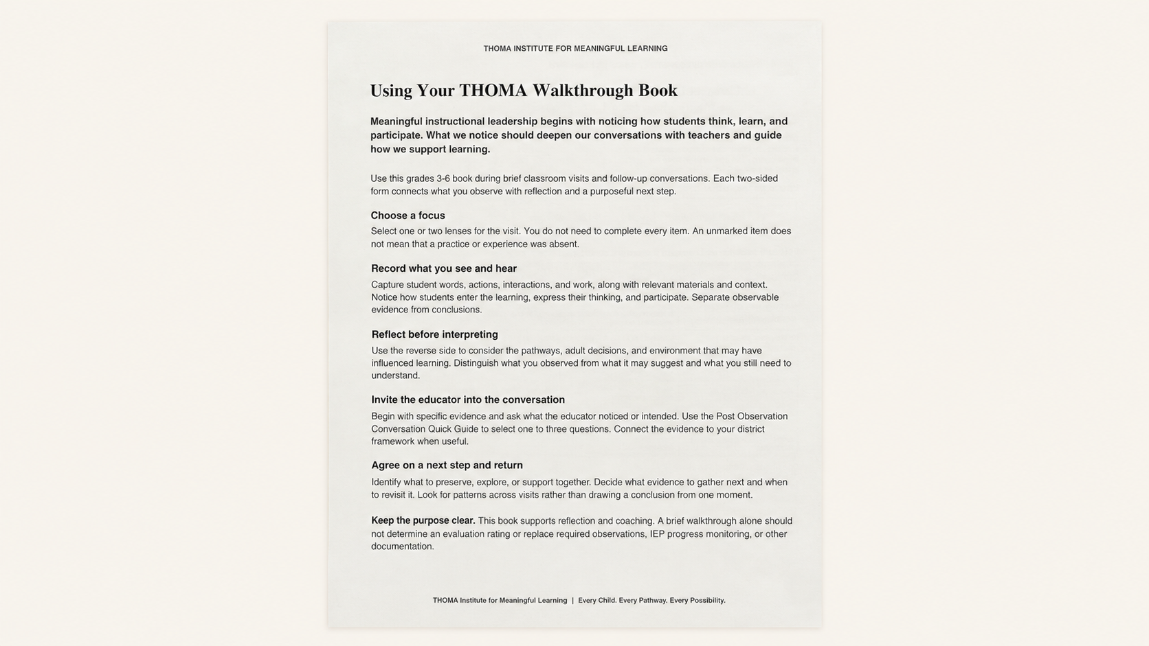 THOMA Early Elementary Walkthrough Book — spiral‑bound Grades K–2 tool for school leaders to observe participation, inquiry, and purposeful practice and guide reflective instructional conversations