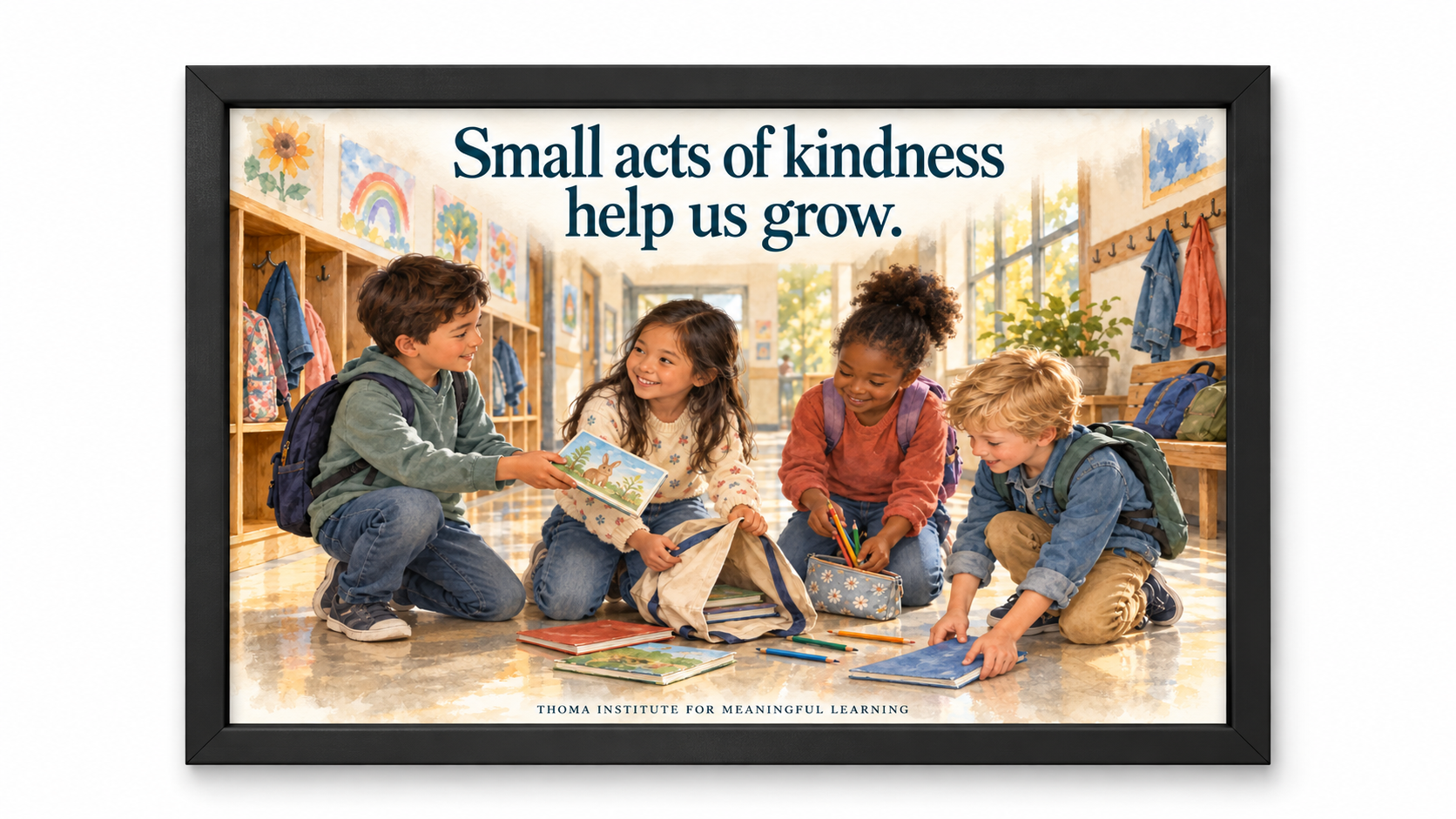 THOMA Elementary School Culture Art Collection 2 — framed 24×36 illustrated pieces featuring messages about curiosity, kindness, and children’s ideas in elementary learning spaces