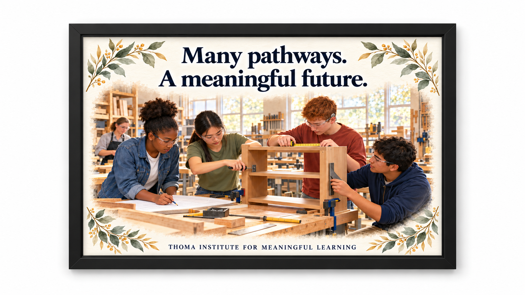 THOMA High School Culture Art Collection 2 — framed 24×36 illustrated pieces featuring messages about meaningful pathways, student voice, and community in high school learning spaces.