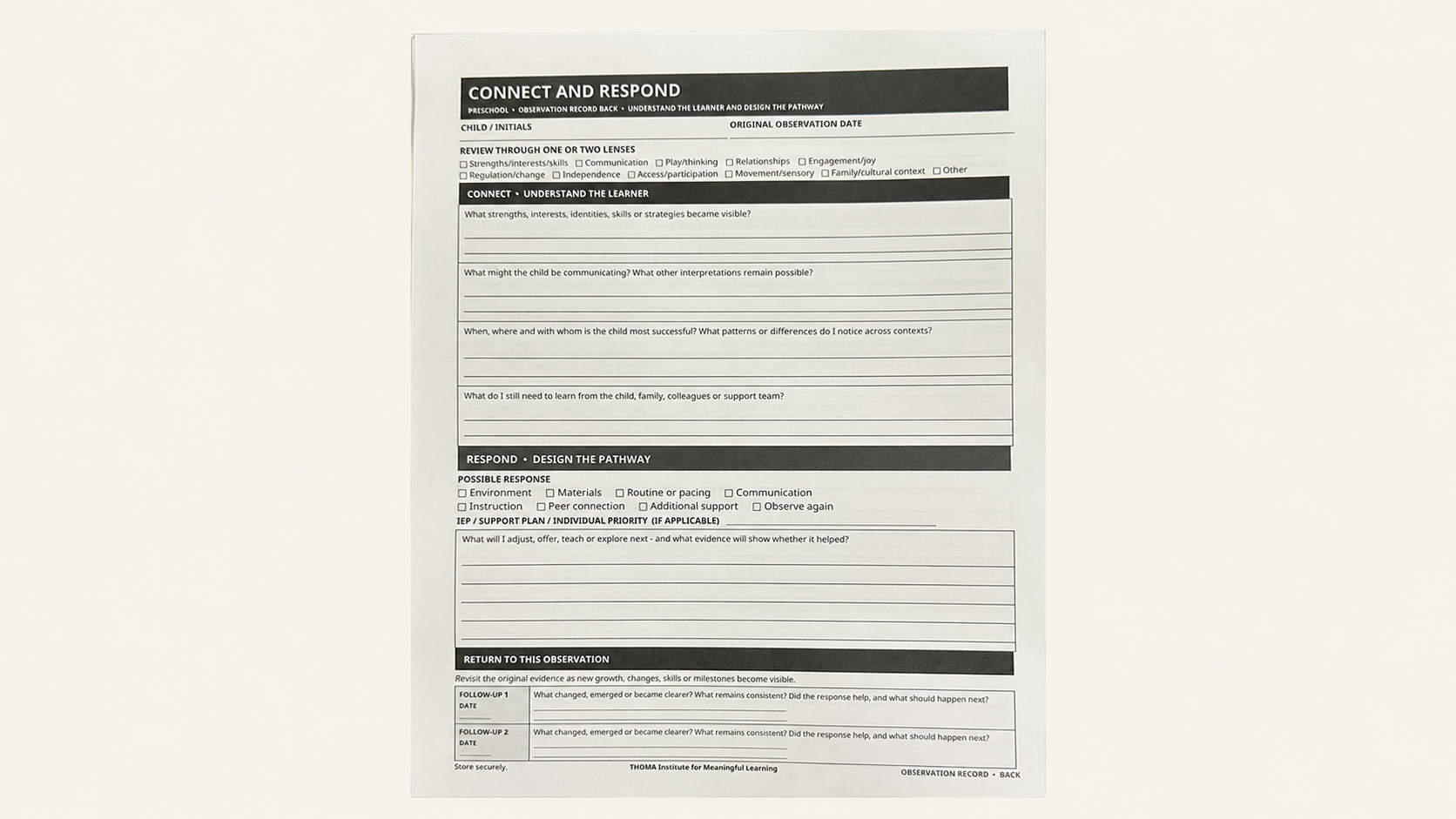 “THOMA Preschool Observation Book — spiral‑bound tool with guided pages for noticing early learning behaviors, documenting communication, and planning responsive support