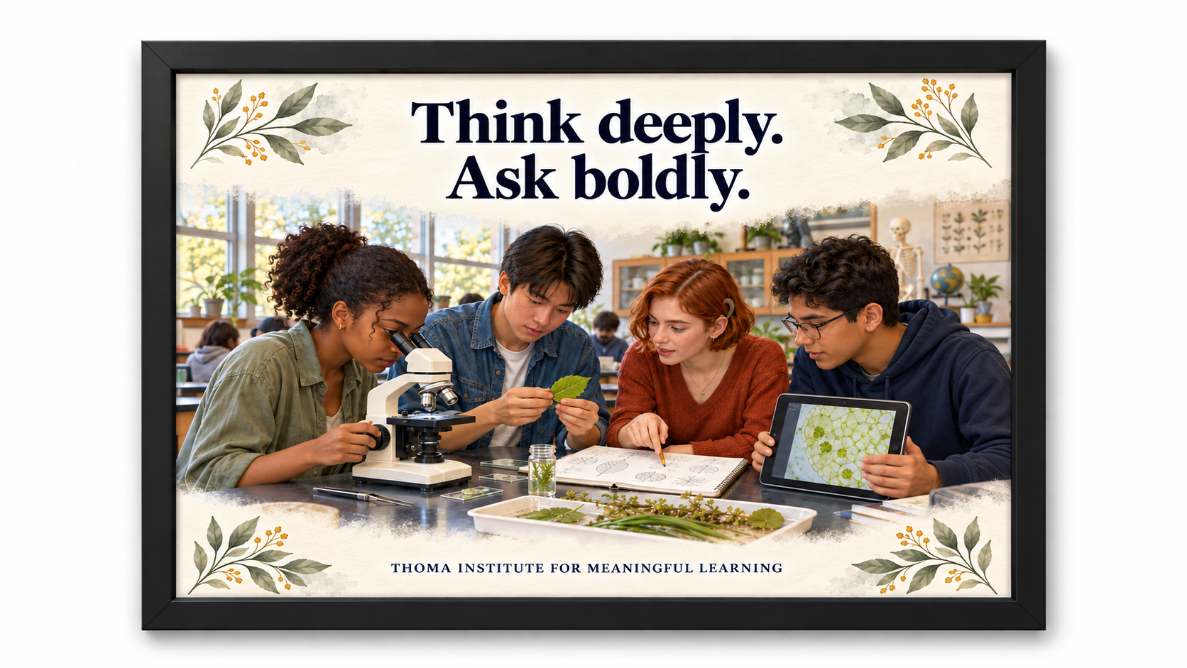 THOMA High School Culture Art Collection 1 — framed 24×36 illustrated pieces featuring messages about student voice, inquiry, and individual strengths in high school learning spaces.