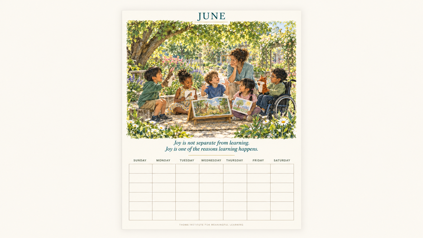 THOMA A Year of Possibility — undated educator wall calendar featuring inclusive artwork and reflective messages, with Sunday–Saturday monthly grids for flexible planning.
