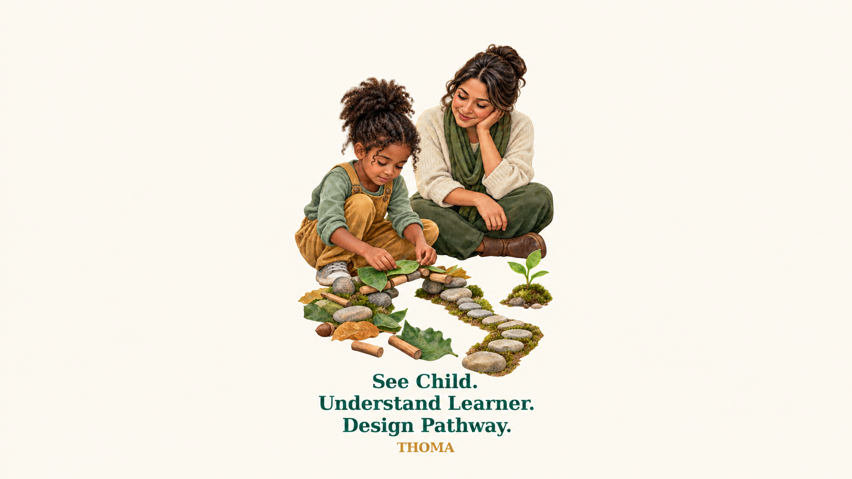 THOMA Sticker Set of 3 — illustrated stickers featuring THOMA messages about meaningful learning, inclusion, and belonging; approximately 3 inches tall with white borders