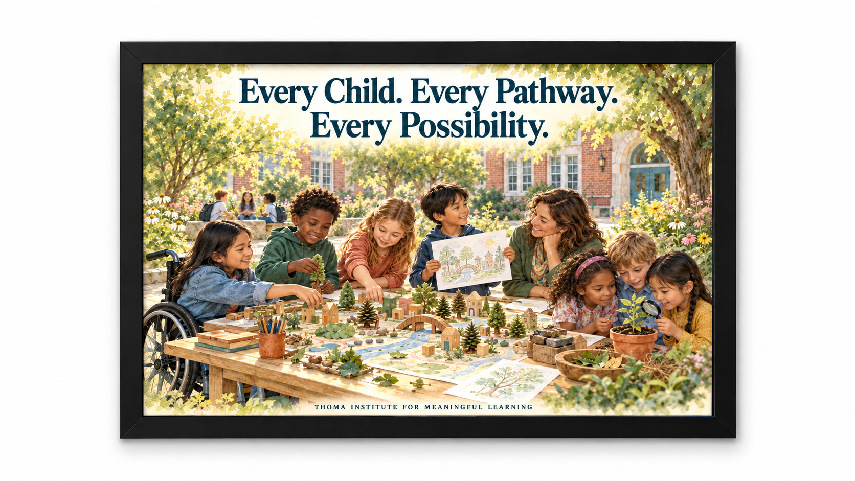 THOMA Elementary School Culture Art Collection 1 — framed 24×36 illustrated pieces featuring messages about belonging, meaningful participation, and diverse pathways into learning
