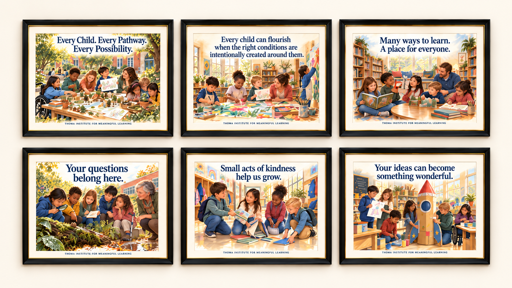 THOMA Elementary School Culture Art Collection 2 — framed 24×36 illustrated pieces featuring messages about curiosity, kindness, and children’s ideas in elementary learning spaces