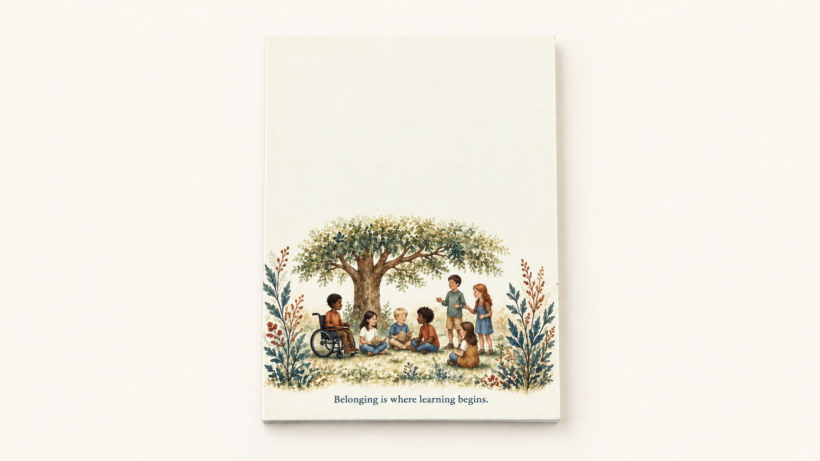 THOMA 3‑Pad Paper Set — includes three 50‑sheet notepads and two sticky note packs tied with leafy ribbon, inspired by meaningful participation and learning