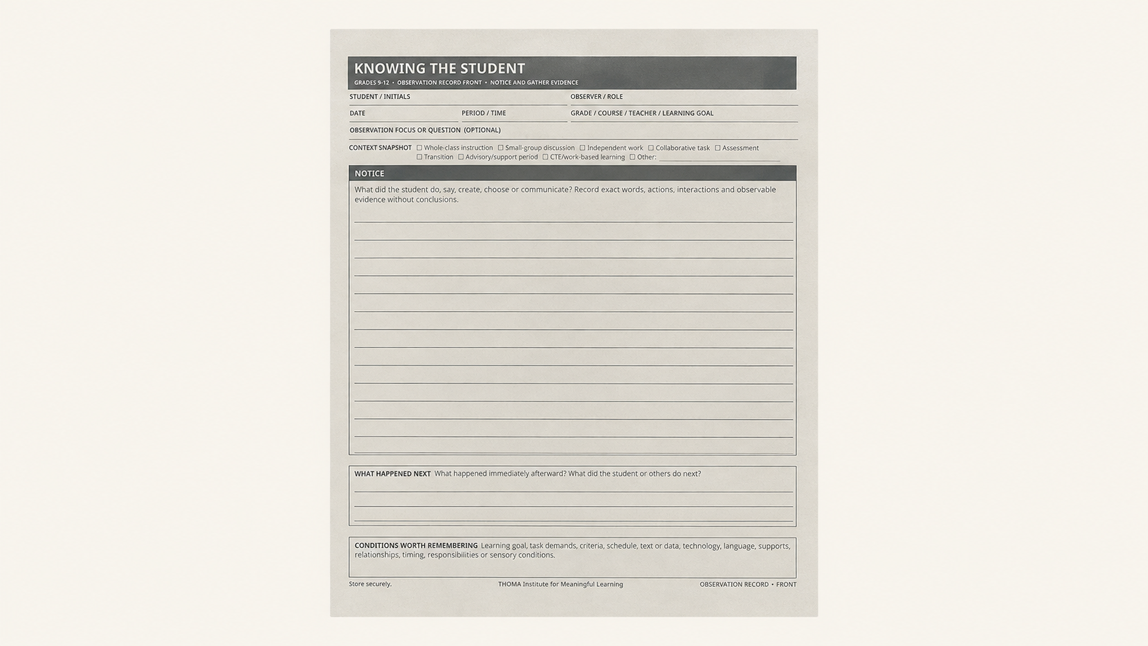 THOMA High School Student Observation Book — spiral‑bound Grades 9–12 tool with guided pages for noticing learning patterns, documenting engagement, understanding student perspectives, and planning re