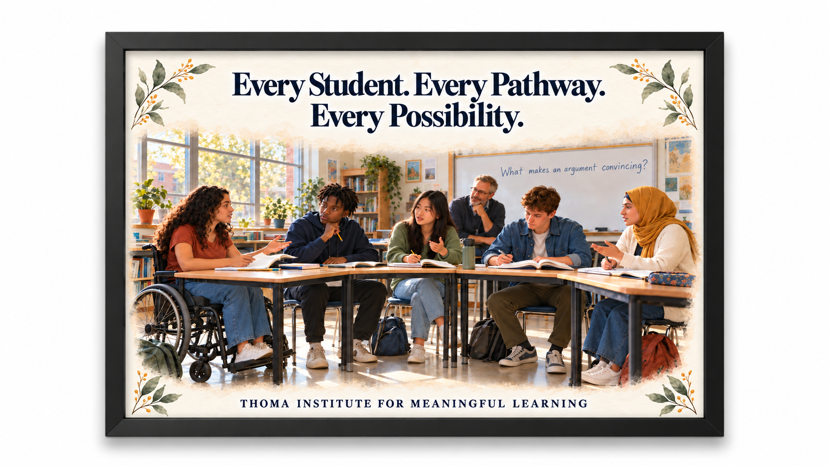 THOMA High School Culture Art Collection 1 — framed 24×36 illustrated pieces featuring messages about student voice, inquiry, and individual strengths in high school learning spaces.