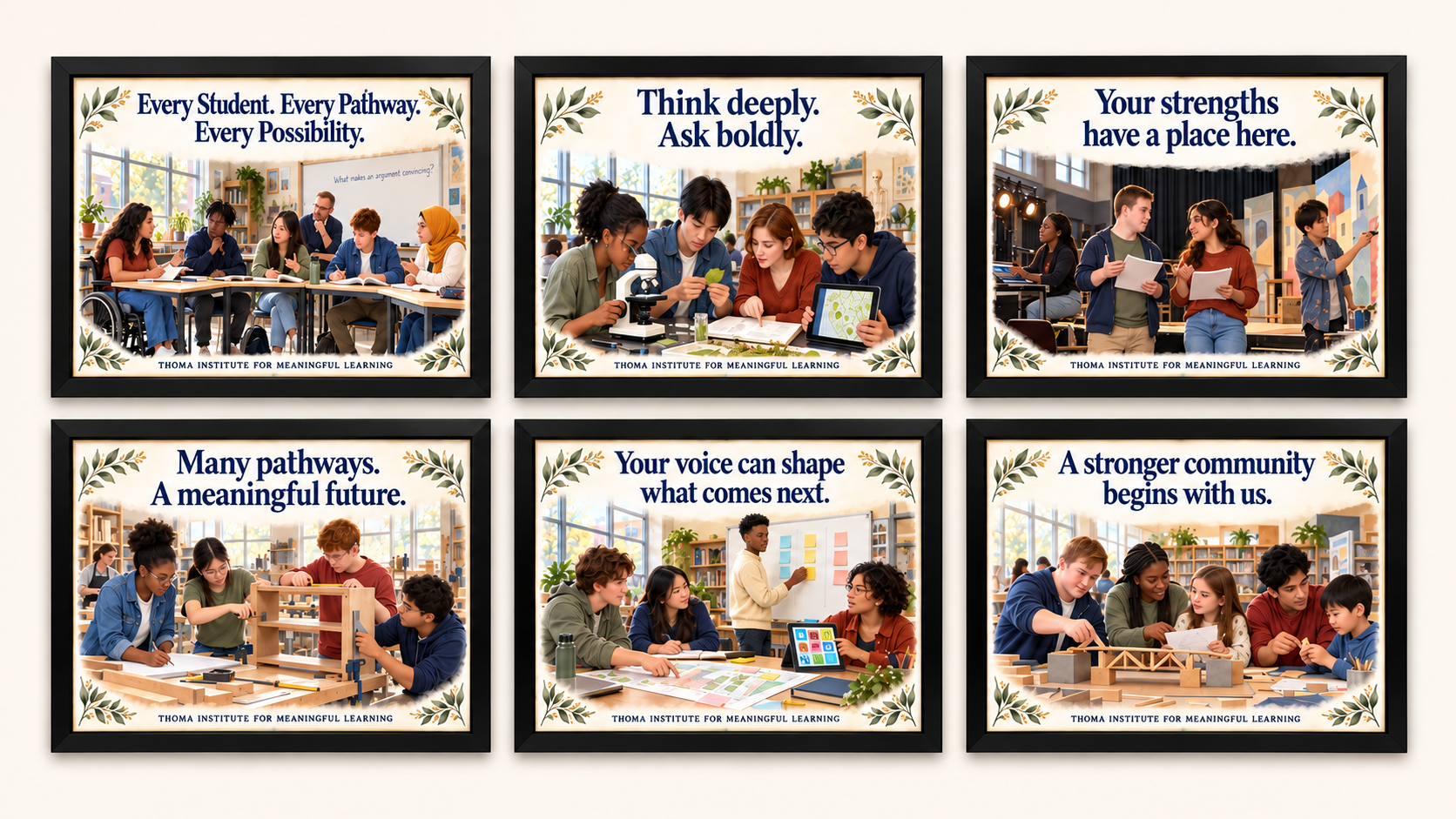 THOMA High School Culture Art Collection 2 — framed 24×36 illustrated pieces featuring messages about meaningful pathways, student voice, and community in high school learning spaces