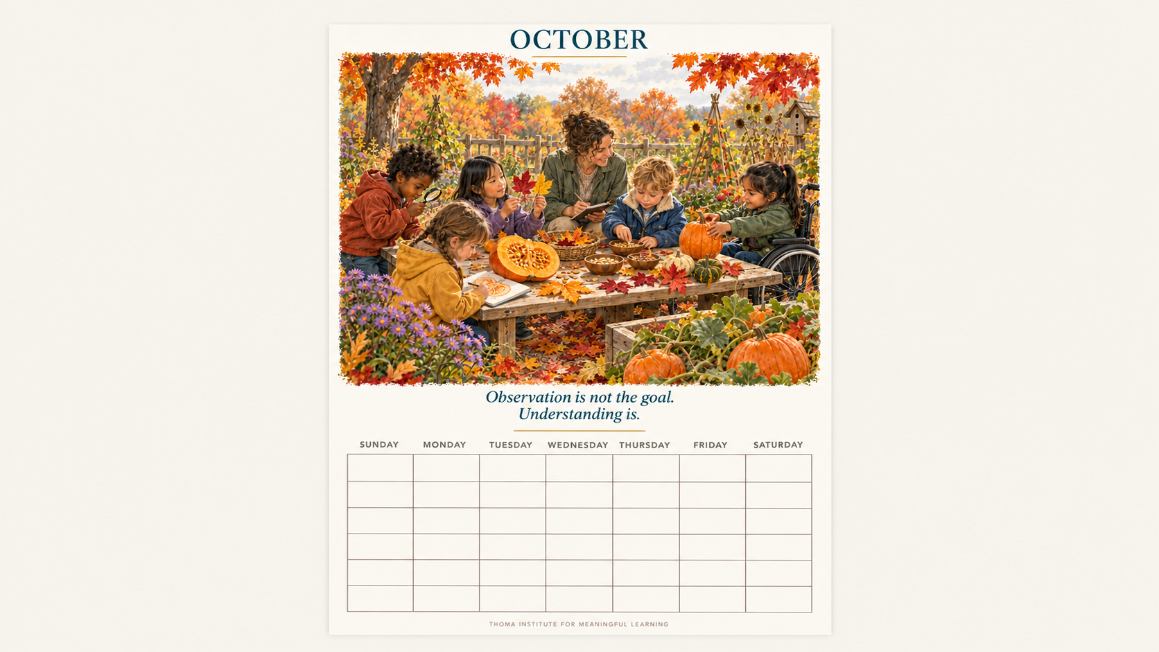 THOMA A Year of Possibility — undated educator wall calendar featuring inclusive artwork and reflective messages, with Sunday–Saturday monthly grids for flexible planning.