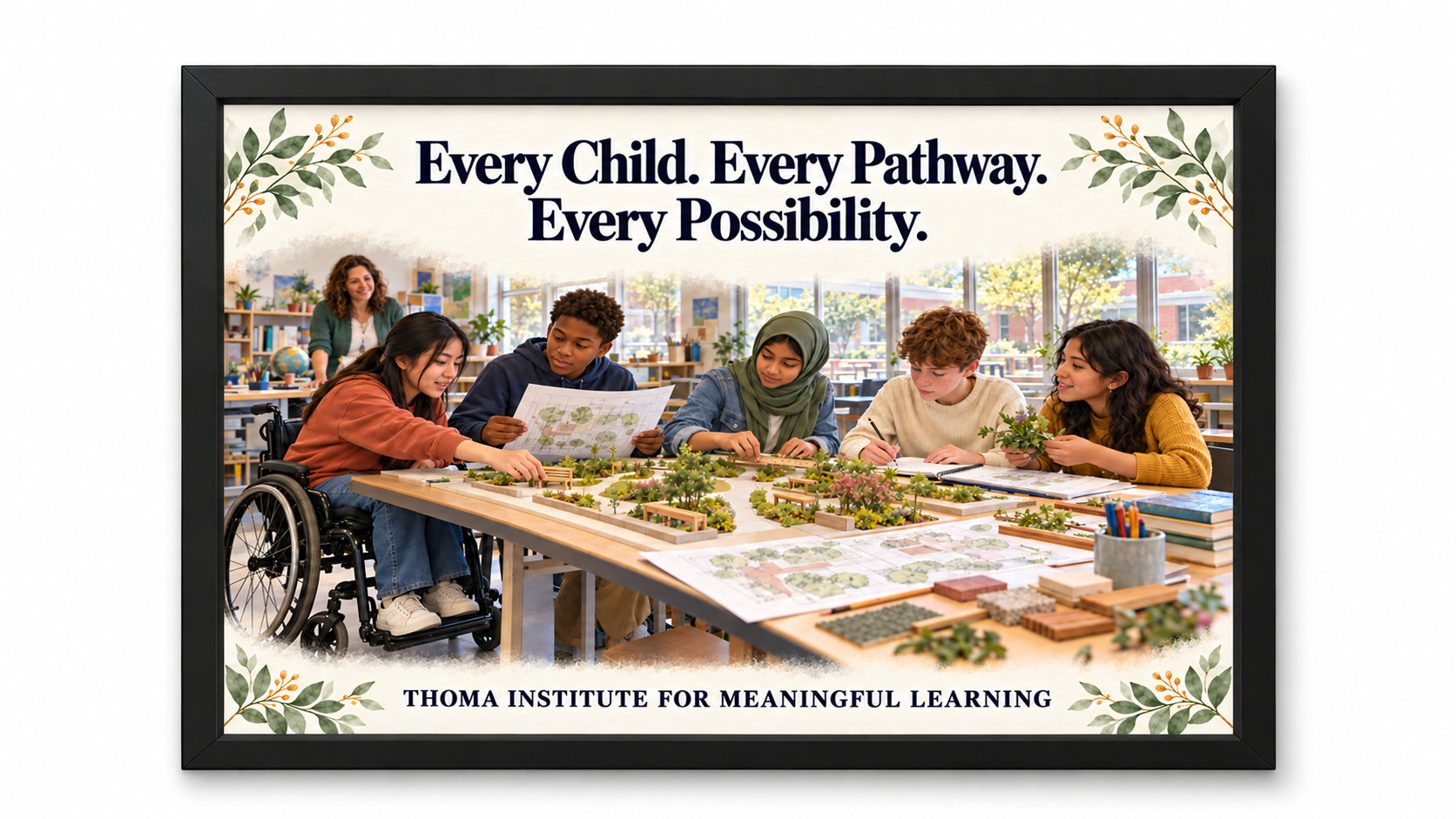 THOMA Middle School Culture Art Collection 1 — framed 24×36 illustrated pieces featuring messages about student voice, belonging, and diverse strengths in middle‑level learning spaces
