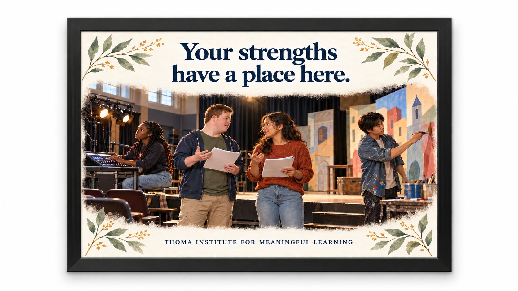 THOMA High School Culture Art Collection 1 — framed 24×36 illustrated pieces featuring messages about student voice, inquiry, and individual strengths in high school learning spaces.