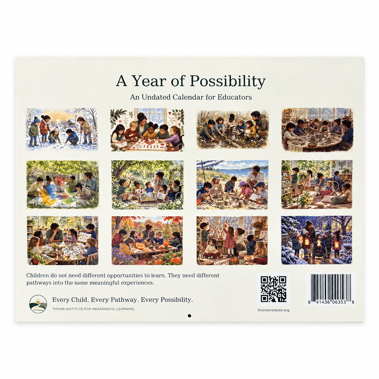 THOMA A Year of Possibility — undated educator wall calendar featuring inclusive artwork and reflective messages, with Sunday–Saturday monthly grids for flexible planning