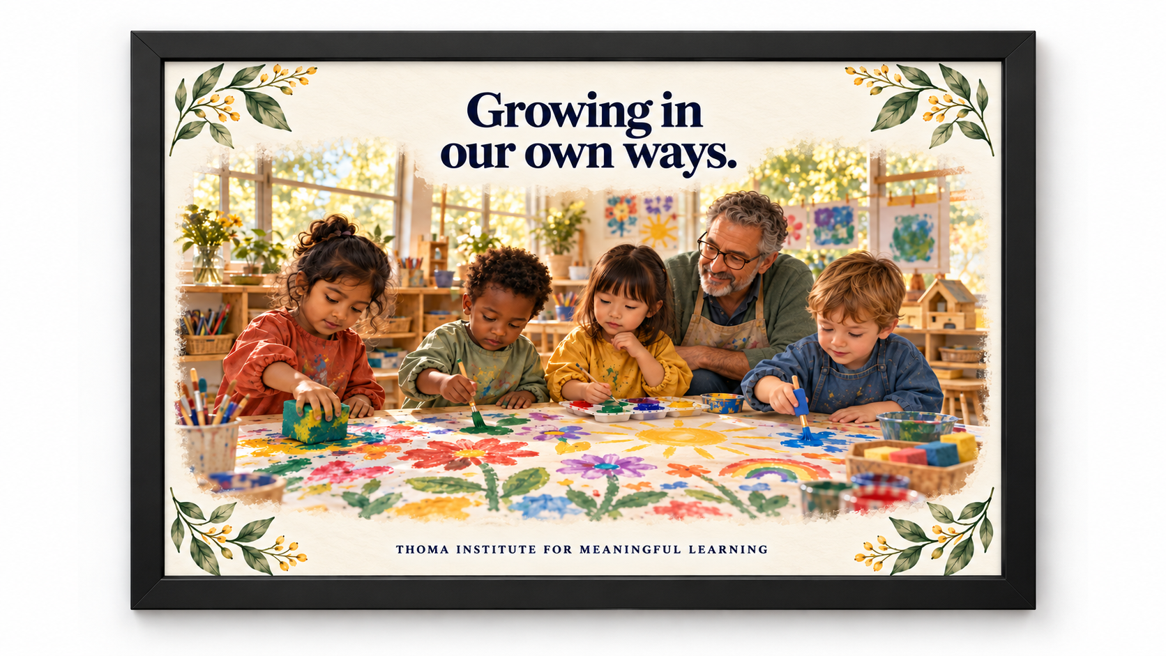 THOMA Preschool Culture Art Collection 2 — framed 24 × 36 illustrated pieces featuring messages about relationships, creativity, play, and children’s growth in early learning