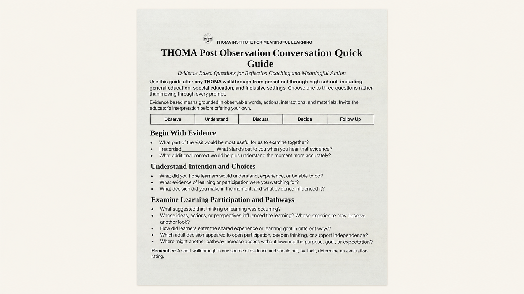 High School Walkthrough Book — THOMA tool for observing purpose, disciplinary rigor, agency, and authentic application in Grades 9–12 classrooms