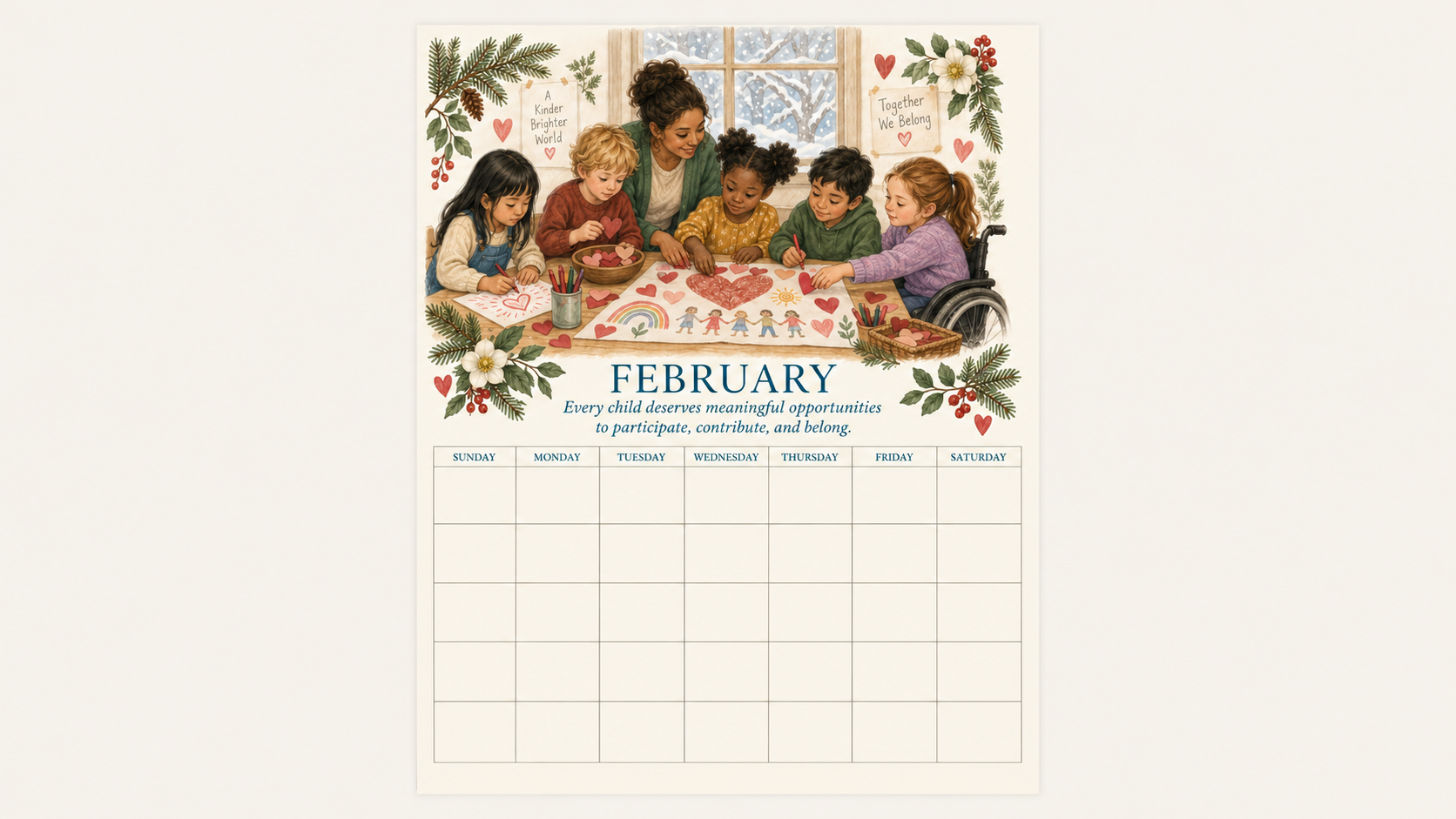 THOMA A Year of Possibility — undated educator wall calendar featuring inclusive artwork and reflective messages, with Sunday–Saturday monthly grids for flexible planning.