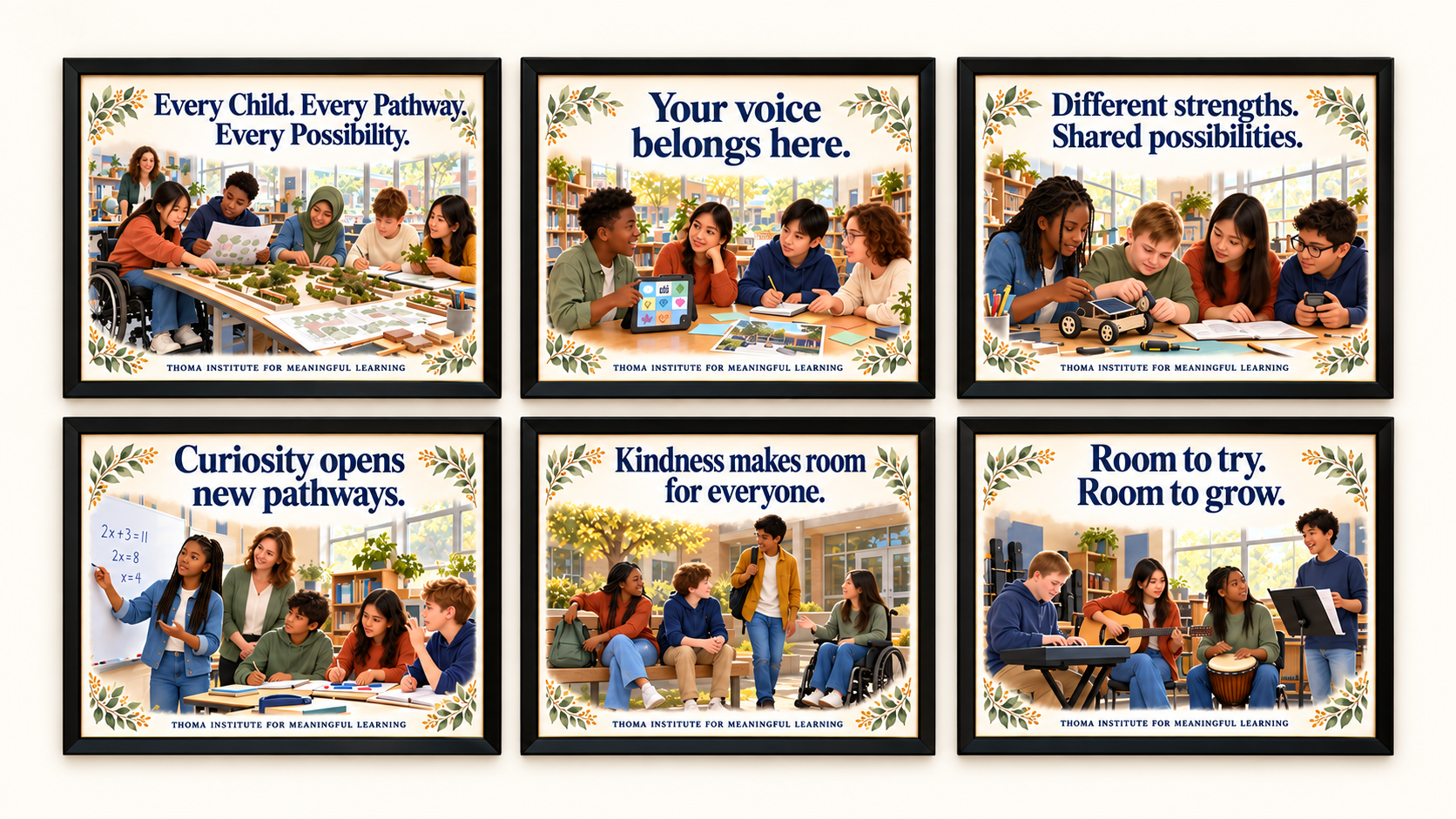 THOMA Middle School Culture Art Collection 1 — framed 24×36 illustrated pieces featuring messages about student voice, belonging, and diverse strengths in middle‑level learning spaces