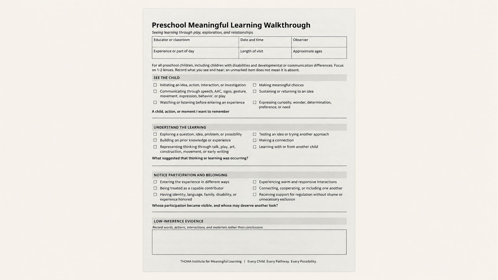 Preschool Walkthrough Book — THOMA tool for observing learning through play, exploration, curiosity, communication, and relationships in early childhood classrooms..