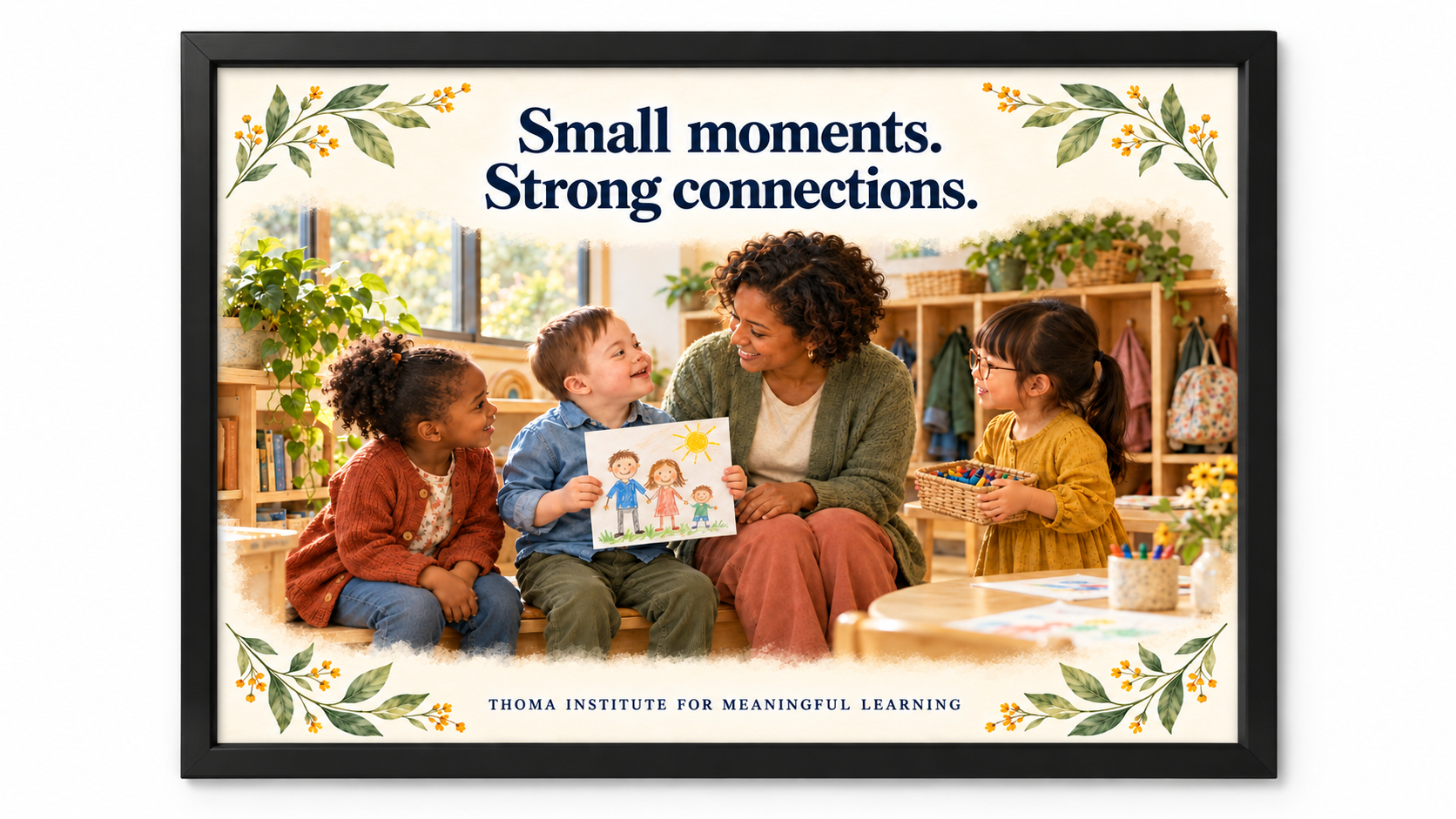 THOMA Preschool Culture Art Collection 2 — framed 24 × 36 illustrated pieces featuring messages about relationships, creativity, play, and children’s growth in early learning