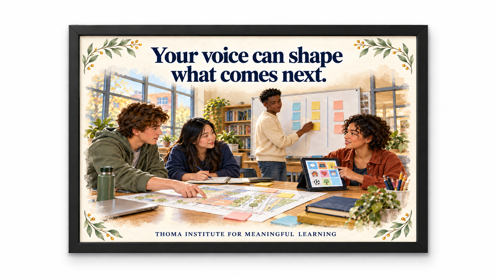 THOMA High School Culture Art Collection 2 — framed 24×36 illustrated pieces featuring messages about meaningful pathways, student voice, and community in high school learning spaces.
