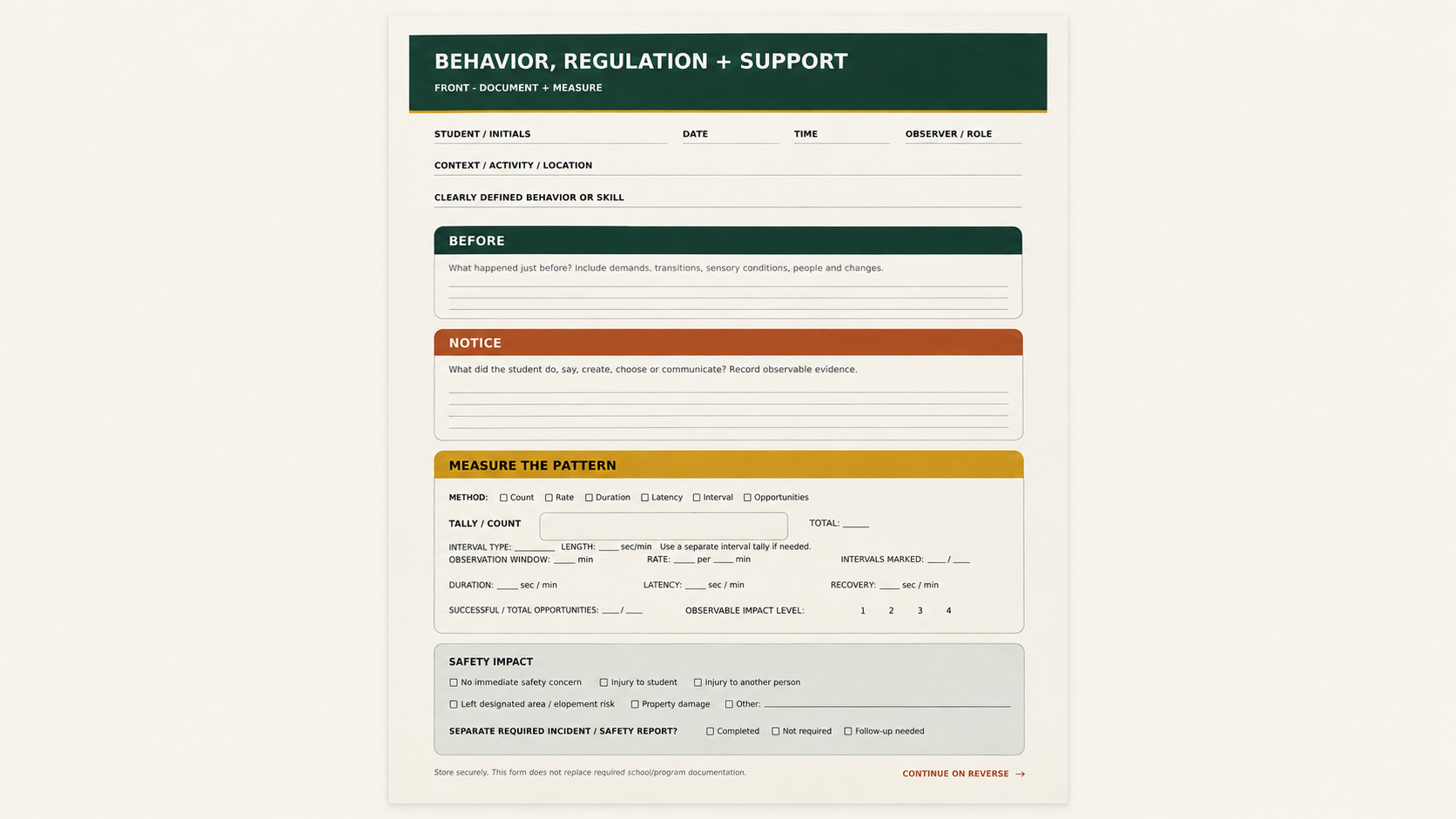 THOMA Behavior & Regulation Documentation Book — spiral‑bound educator tool for recording behavior, noticing patterns, and planning supportive regulation responses