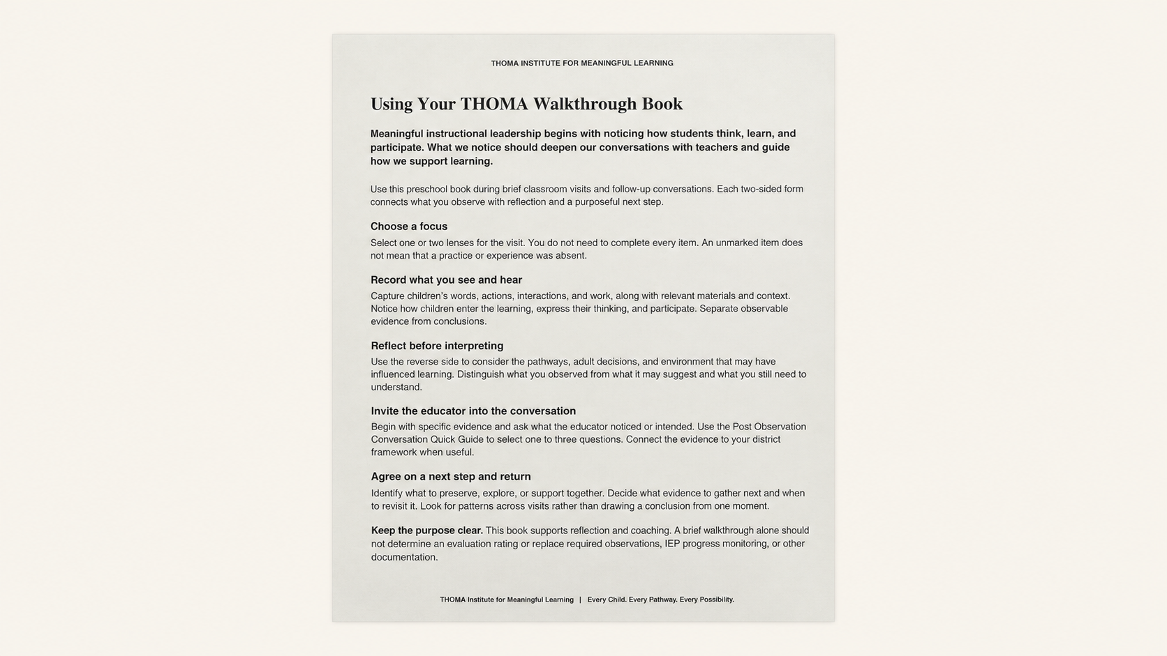 Preschool Walkthrough Book — THOMA tool for observing learning through play, exploration, curiosity, communication, and relationships in early childhood classrooms.