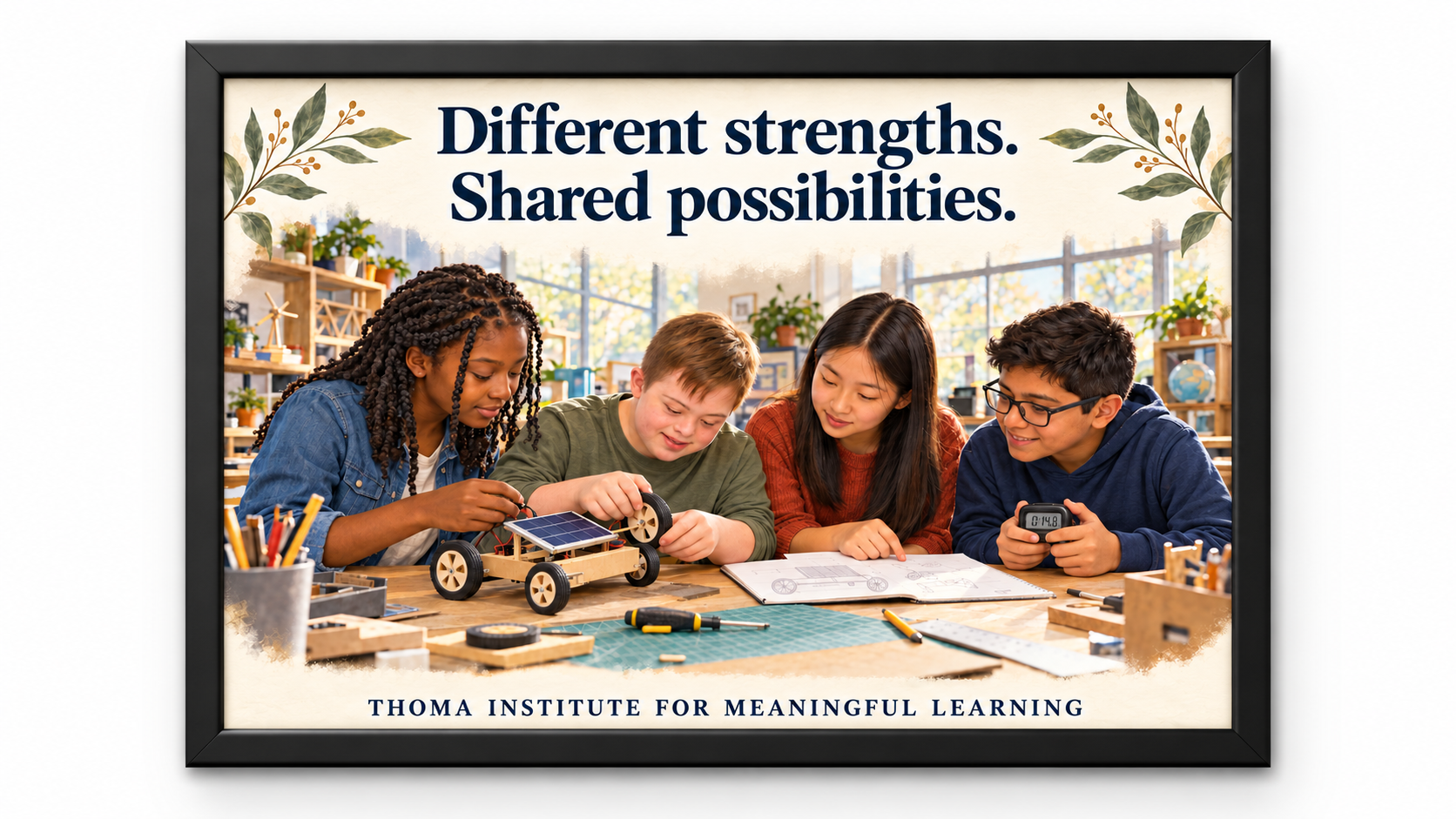THOMA Middle School Culture Art Collection 1 — framed 24×36 illustrated pieces featuring messages about student voice, belonging, and diverse strengths in middle‑level learning spaces