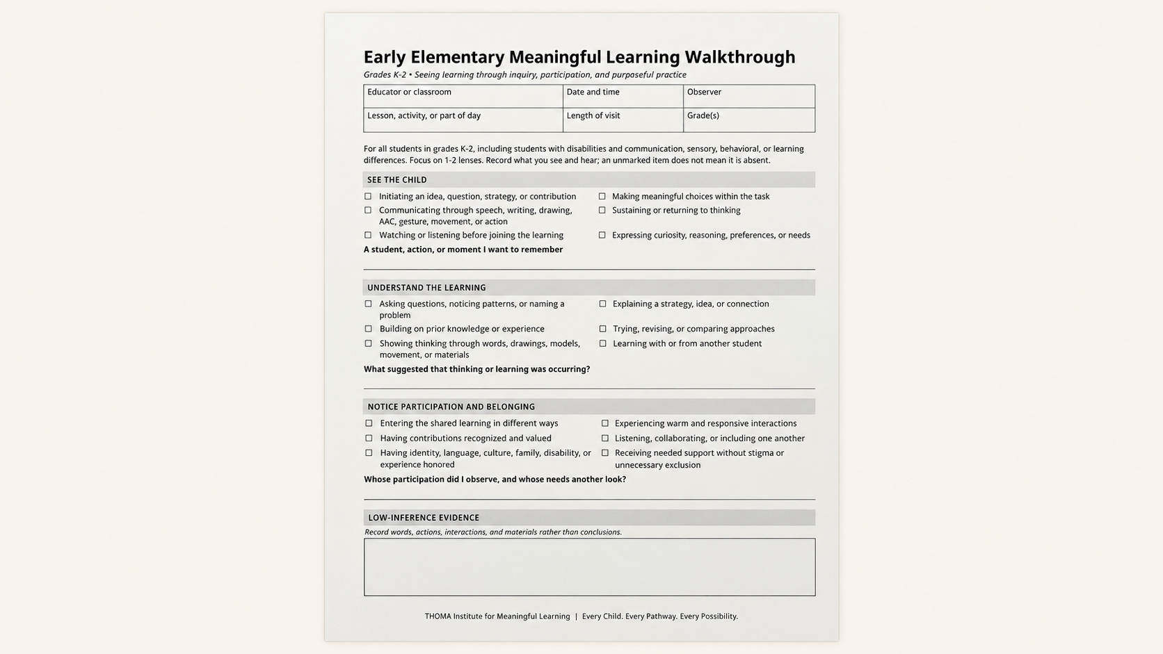 THOMA Early Elementary Walkthrough Book — spiral‑bound Grades K–2 tool for school leaders to observe participation, inquiry, and purposeful practice and guide reflective instructional conversations..