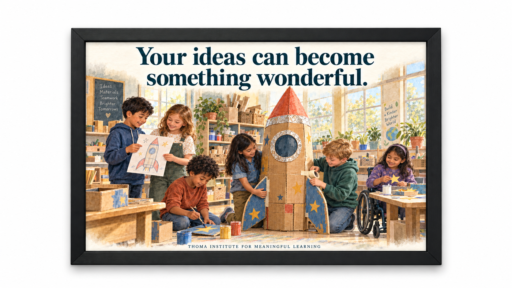 THOMA Elementary School Culture Art Collection 2 — framed 24×36 illustrated pieces featuring messages about curiosity, kindness, and children’s ideas in elementary learning spaces