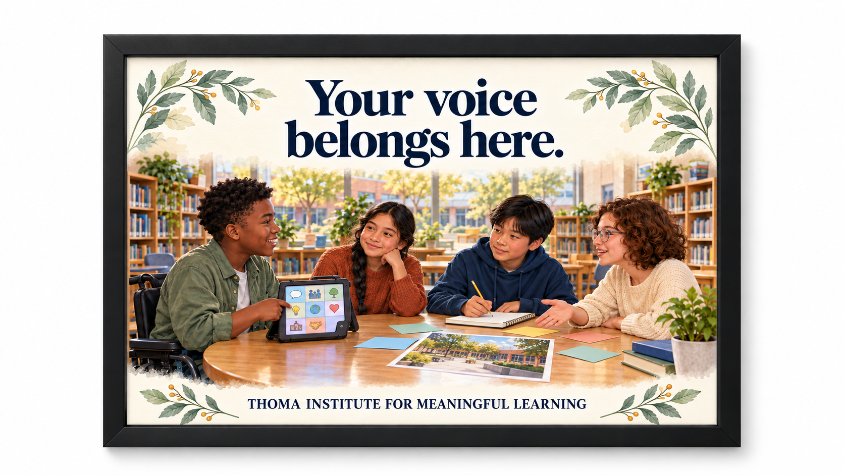 THOMA Middle School Culture Art Collection 1 — framed 24×36 illustrated pieces featuring messages about student voice, belonging, and diverse strengths in middle‑level learning spaces