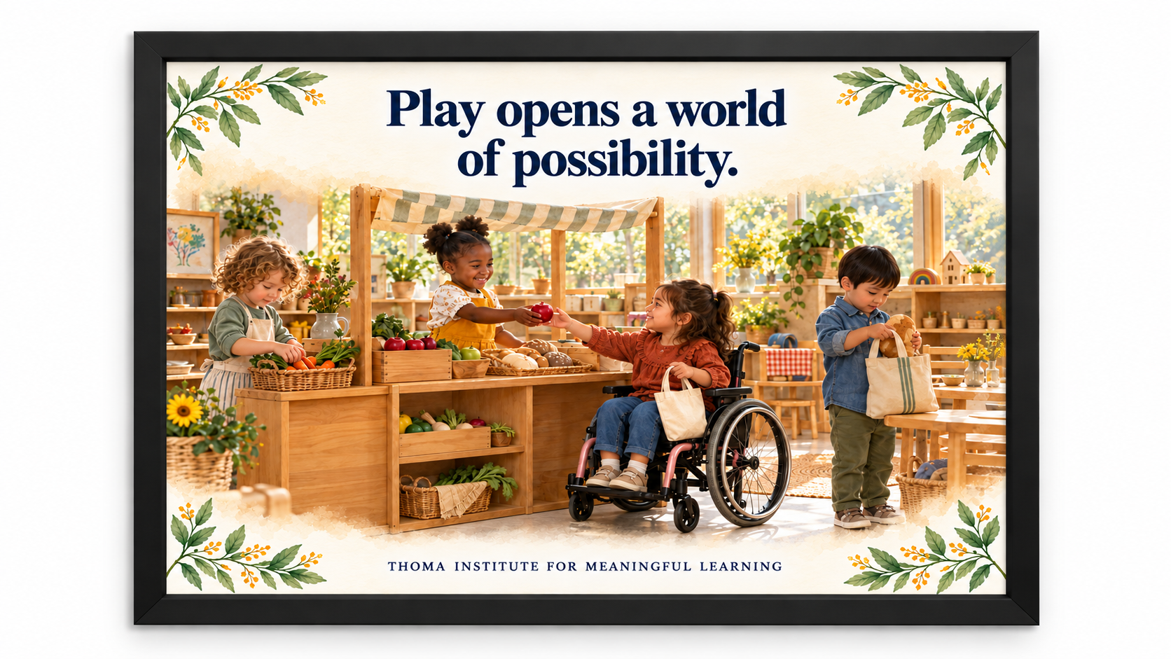 THOMA Preschool Culture Art Collection 2 — framed 24 × 36 illustrated pieces featuring messages about relationships, creativity, play, and children’s growth in early learning