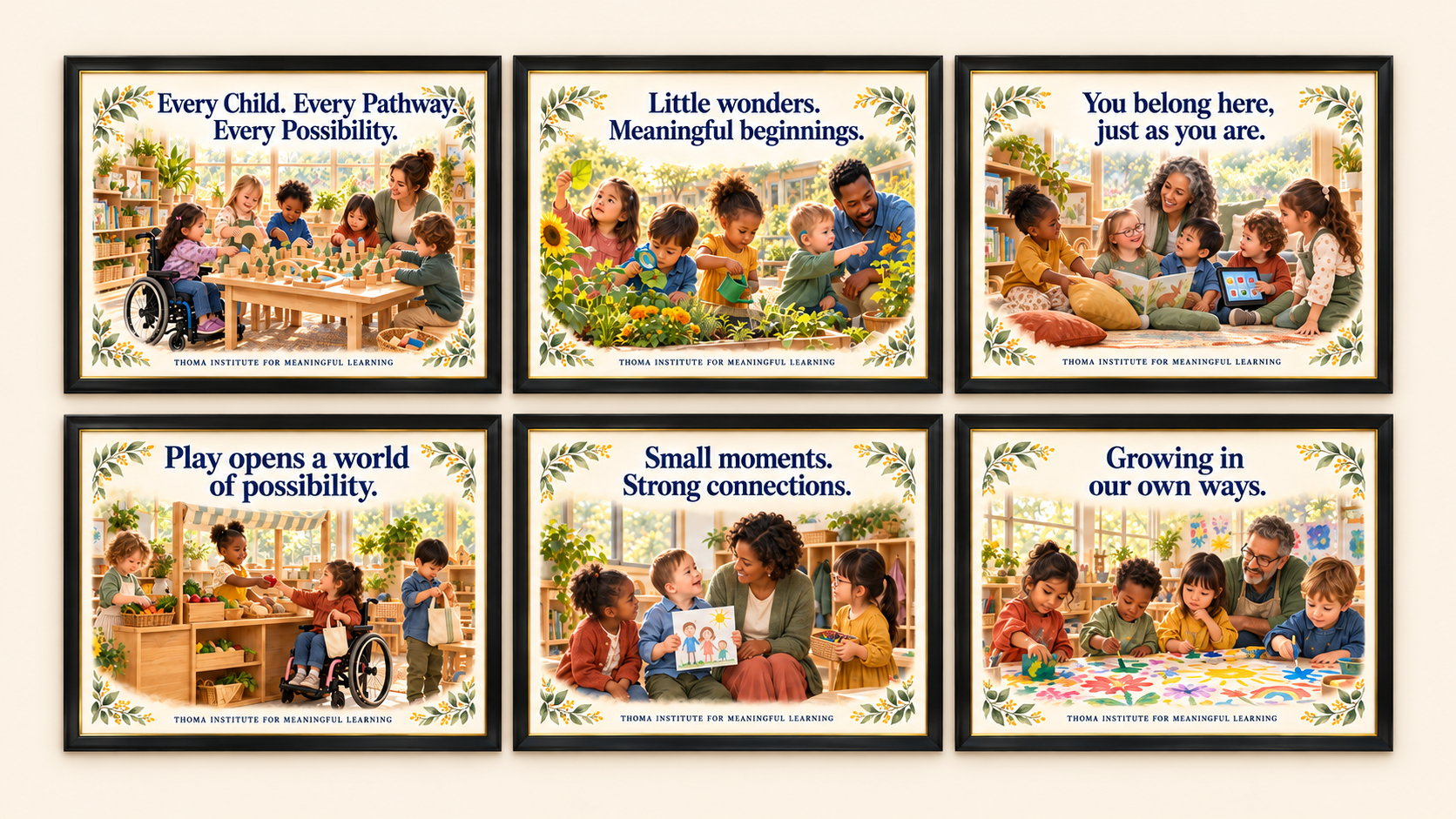 THOMA Preschool Culture Art Collection 2 — framed 24 × 36 illustrated pieces featuring messages about relationships, creativity, play, and children’s growth in early learning