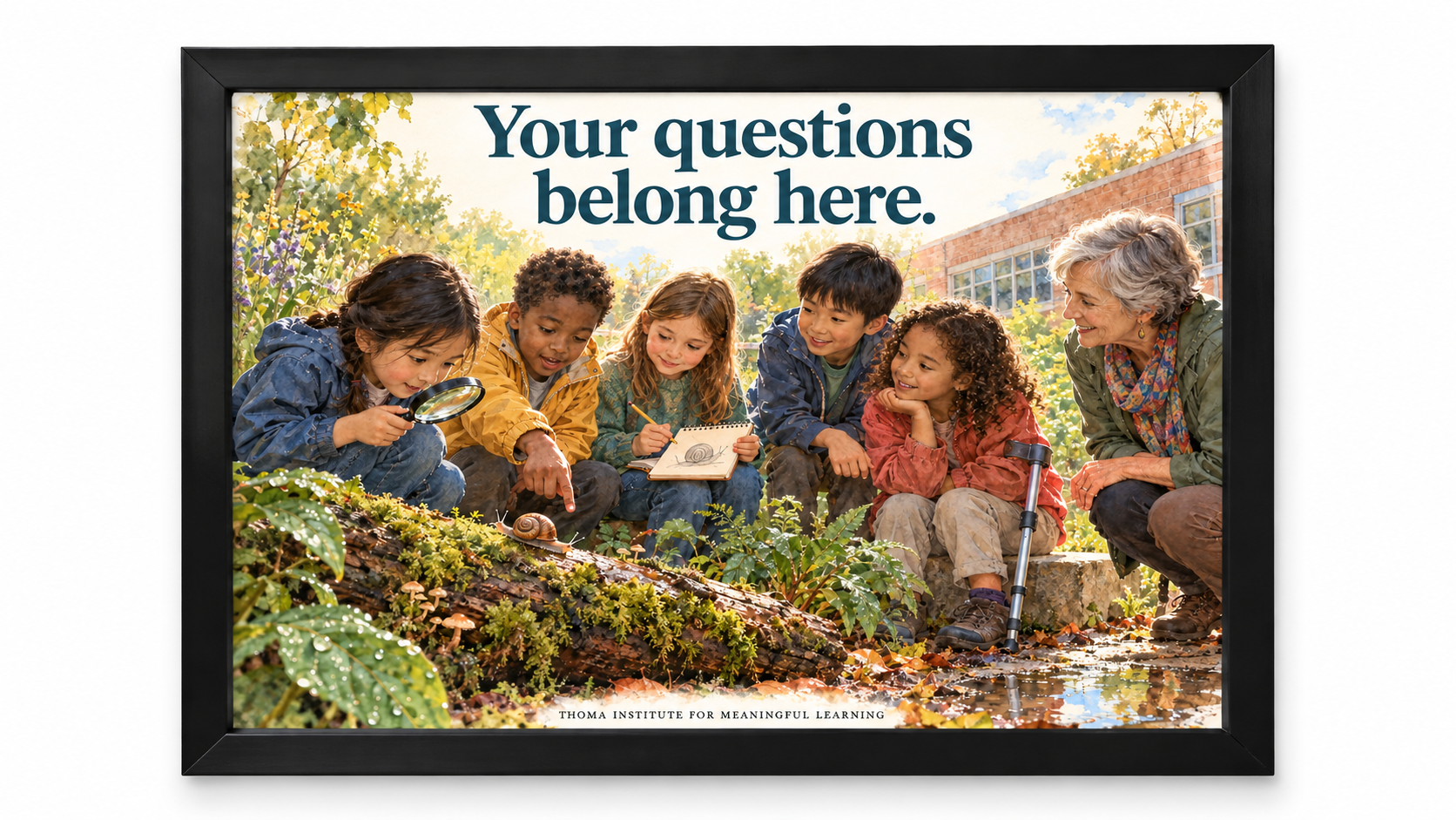 THOMA Elementary School Culture Art Collection 2 — framed 24×36 illustrated pieces featuring messages about curiosity, kindness, and children’s ideas in elementary learning spaces