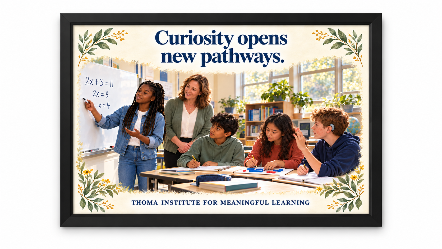 THOMA Middle School Culture Art Collection 2 — framed 24×36 illustrated pieces featuring messages about curiosity, kindness, and student growth in middle‑level learning spaces