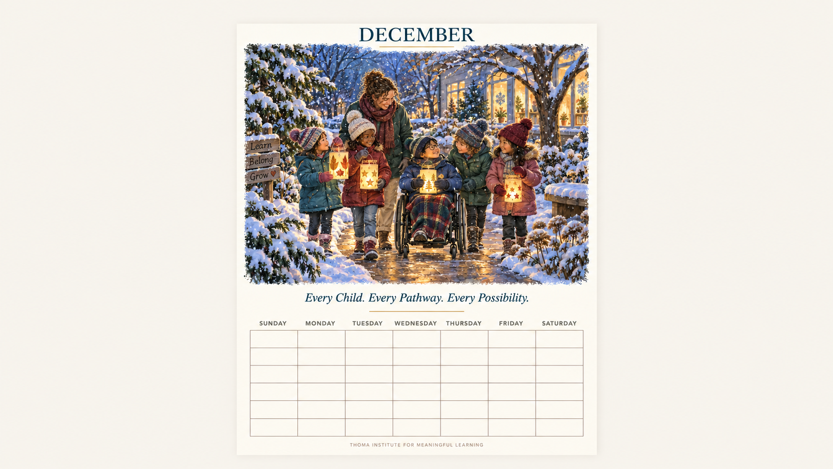 THOMA A Year of Possibility — undated educator wall calendar featuring inclusive artwork and reflective messages, with Sunday–Saturday monthly grids for flexible planning.