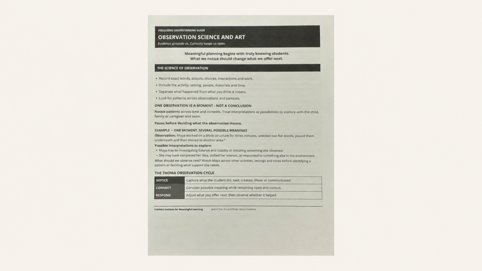 “THOMA Preschool Observation Book — spiral‑bound tool with guided pages for noticing early learning behaviors, documenting communication, and planning responsive support