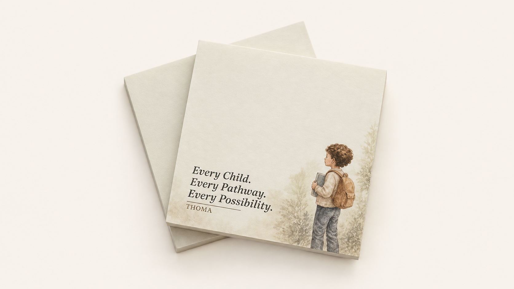 THOMA 3‑Pad Paper Set — includes three 50‑sheet notepads and two sticky note packs tied with leafy ribbon, inspired by meaningful participation and learning