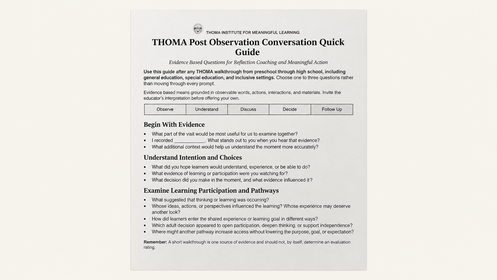 THOMA Early Elementary Walkthrough Book — spiral‑bound Grades K–2 tool for school leaders to observe participation, inquiry, and purposeful practice and guide reflective instructional conversations.