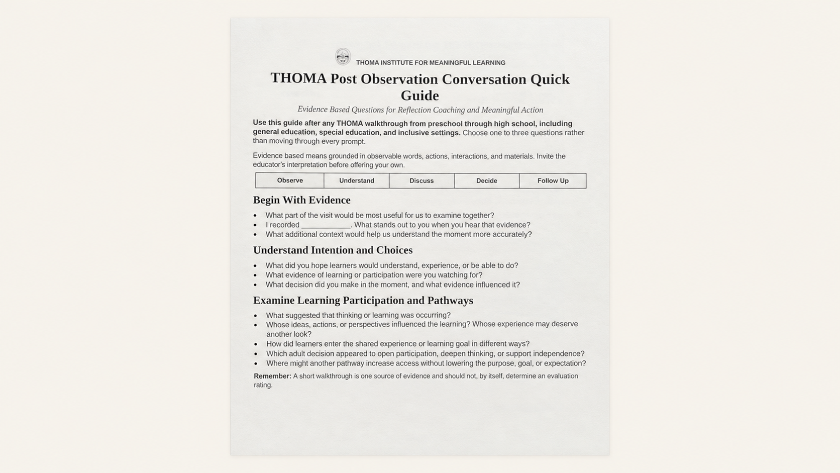 Preschool Walkthrough Book — THOMA tool for observing learning through play, exploration, curiosity, communication, and relationships in early childhood classrooms.