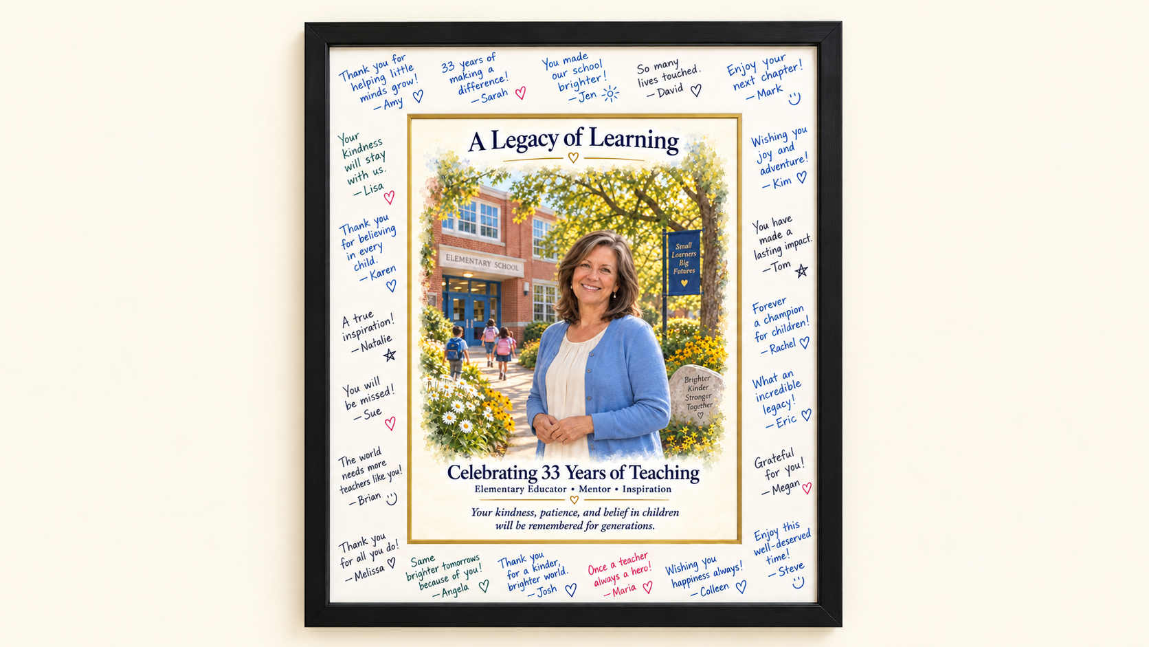 THOMA Legacy Art — personalized 16 × 20 framed illustration honoring an educator or school leader, created through a collaborative design process and printed and shipped after approval.
