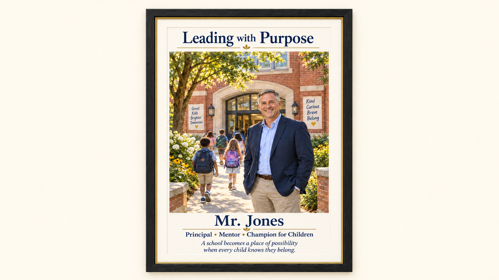 THOMA Legacy Art — personalized 16 × 20 framed illustration honoring an educator or school leader, created through a collaborative design process and printed and shipped after approval.