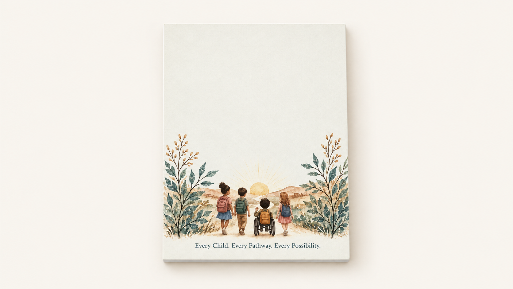 THOMA 3‑Pad Paper Set — includes three 50‑sheet notepads and two sticky note packs tied with leafy ribbon, inspired by meaningful participation and learning