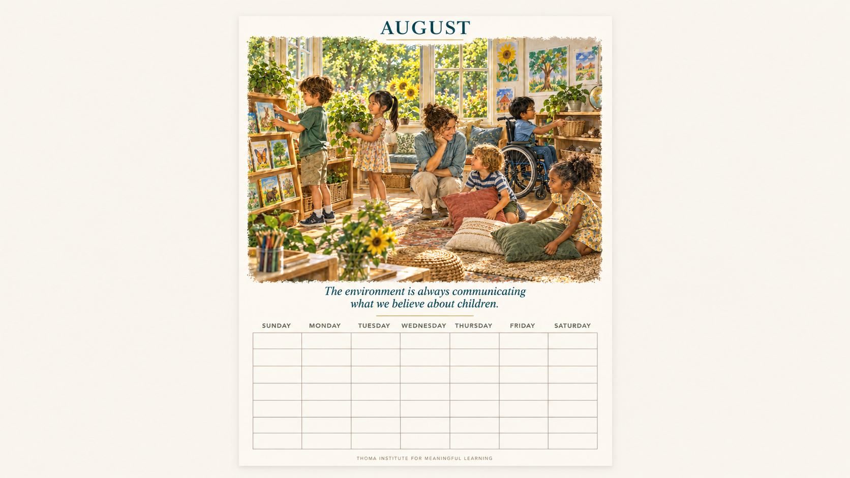 THOMA A Year of Possibility — undated educator wall calendar featuring inclusive artwork and reflective messages, with Sunday–Saturday monthly grids for flexible planning.