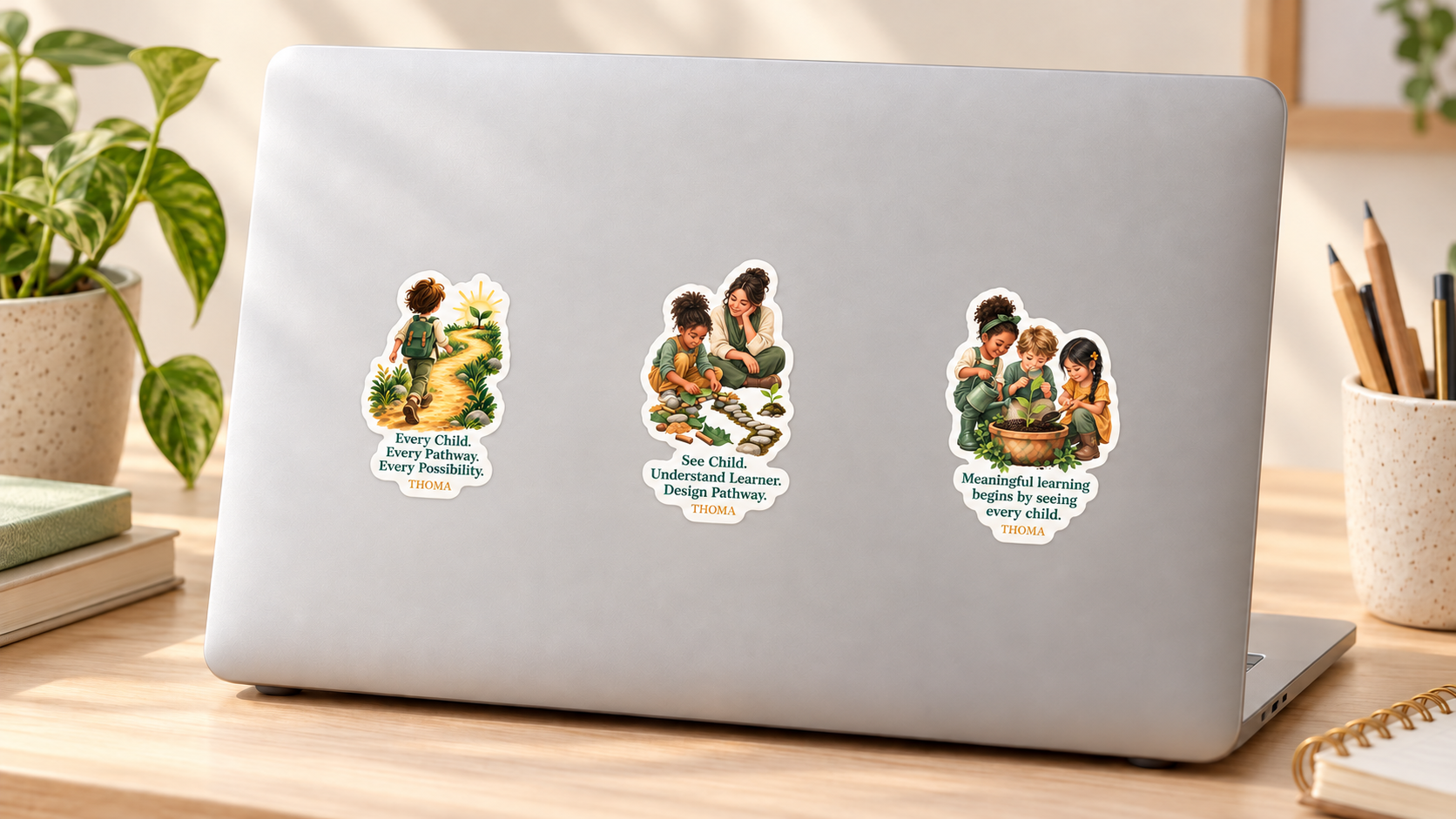 THOMA Sticker Set of 3 — illustrated stickers featuring THOMA messages about meaningful learning, inclusion, and belonging; approximately 3 inches tall with white borders