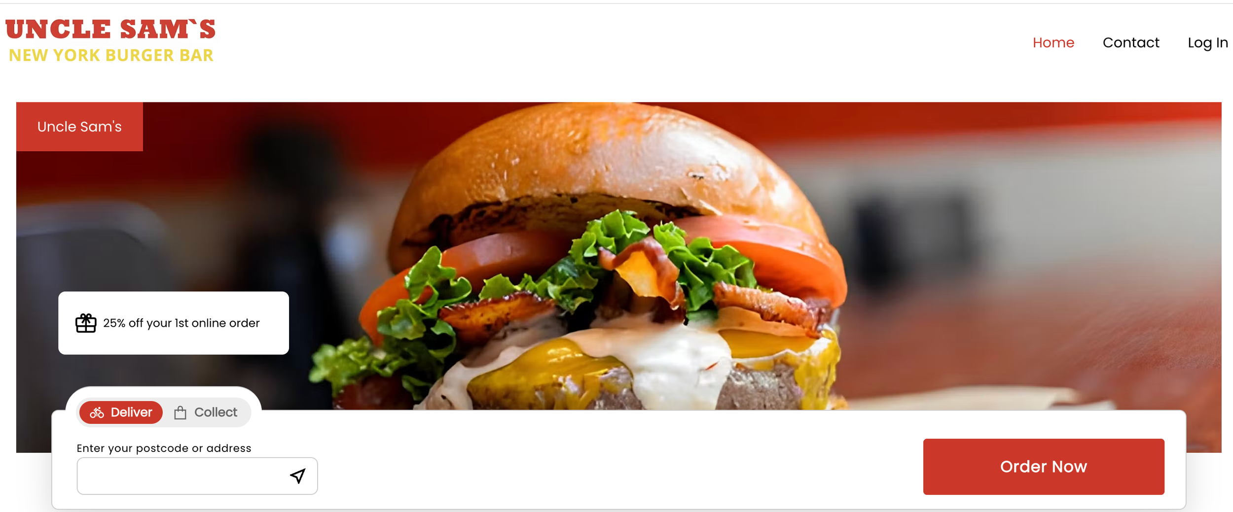 Screenshot of the Uncle Sam's New York Burger Bar website, showing a burger and online ordering options