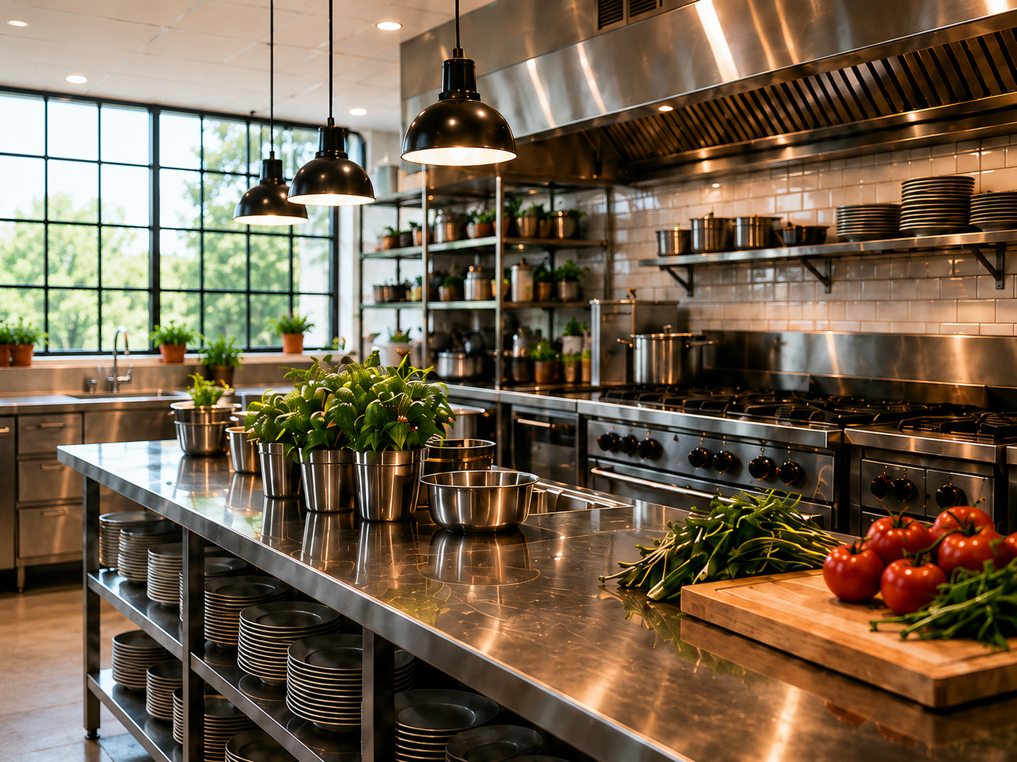 Commercial restaurant kitchen with stainless steel prep station, fresh herbs and tomatoes, and hanging pendant lights