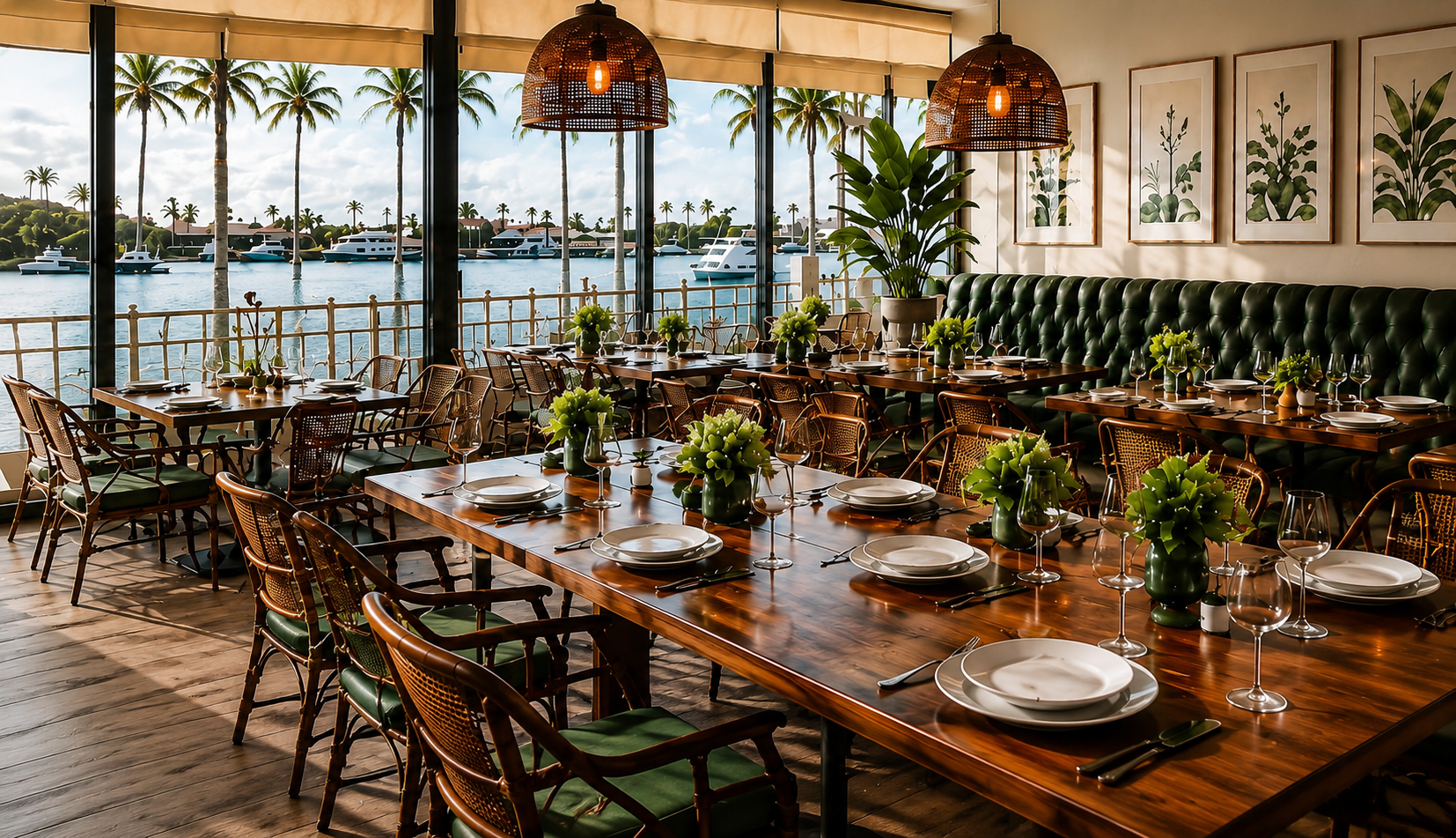Elegant restaurant dining room overlooking a marina, with palm trees, pendant lighting, and set dinner tables