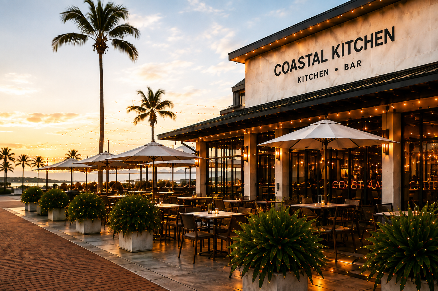 Coastal Kitchen restaurant patio dining at sunset, with palm trees, string lights, and ocean view