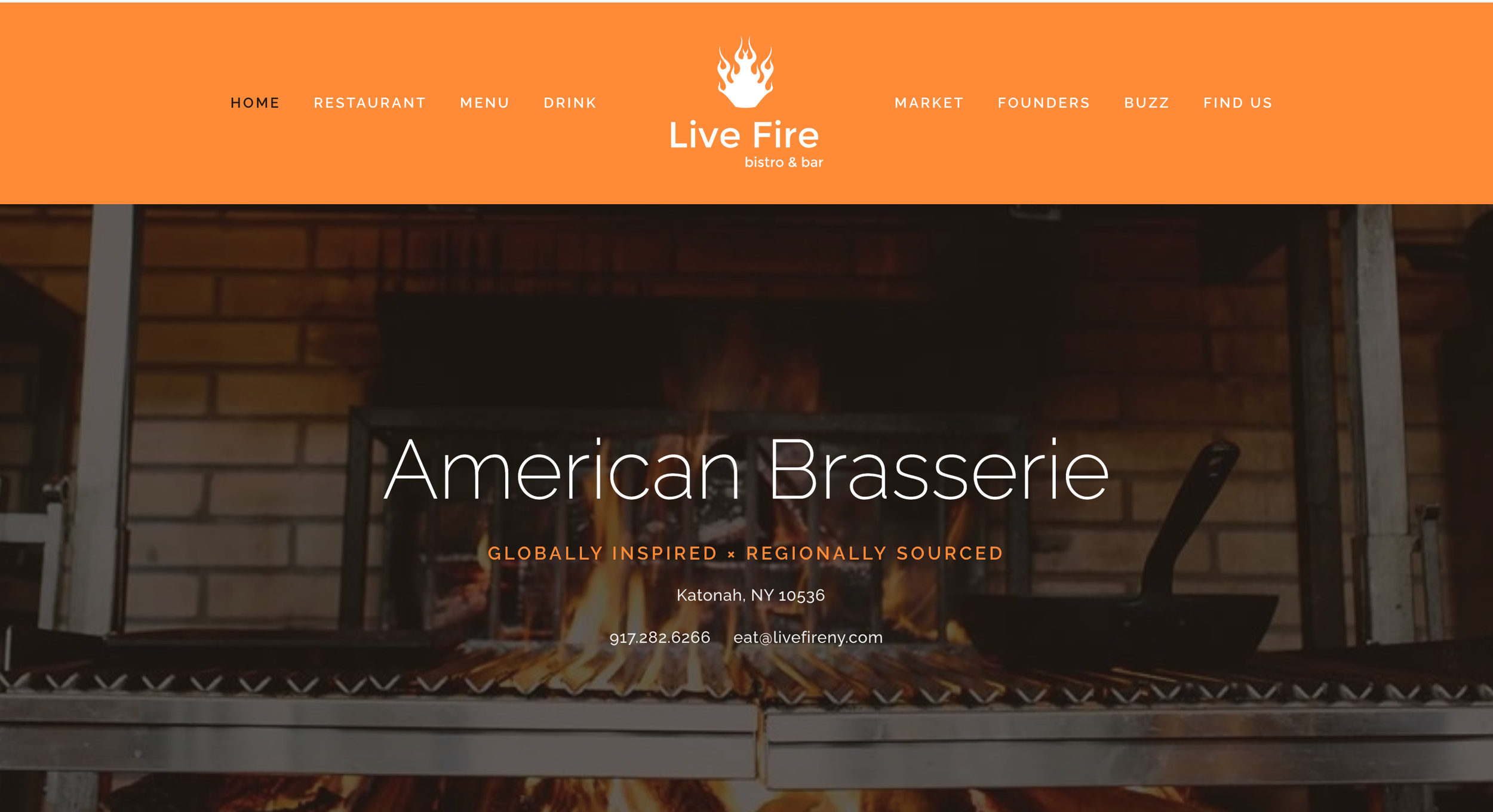 Screenshot of the Live Fire Bistro & Bar website homepage, showing an open-flame grill