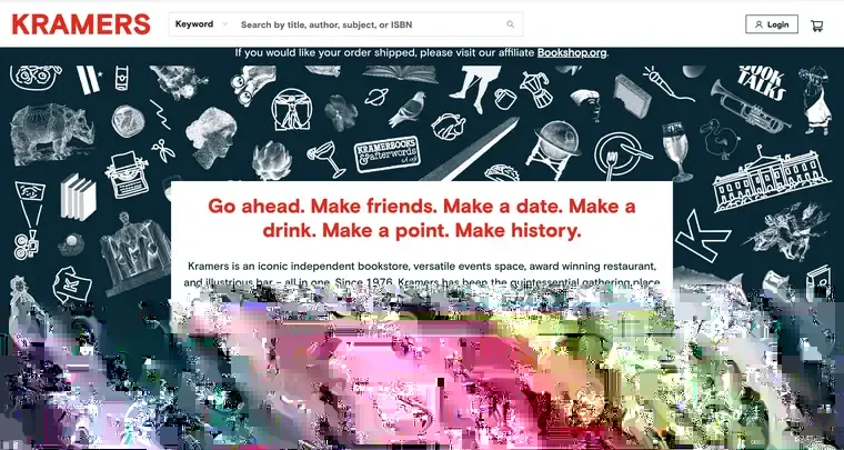 Screenshot of the Kramers bookstore, bar, and restaurant website homepage